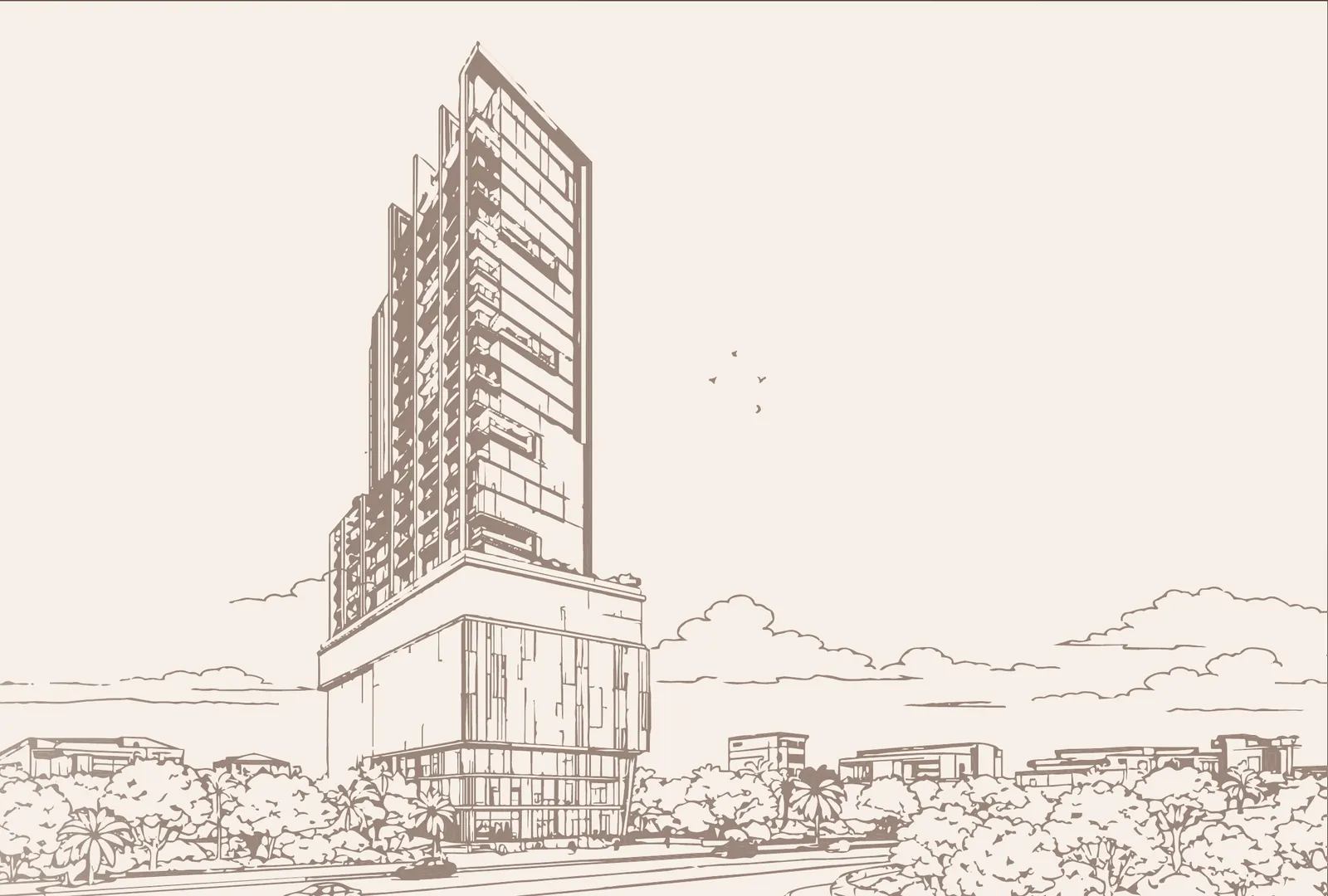 Line sketch of the BKC tower on its Deccan streetscape